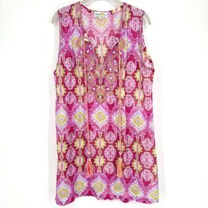 Bella Tu Pink Ikat Beaded Tassel Tunic Dress Green Bright Lightweight Sz XL